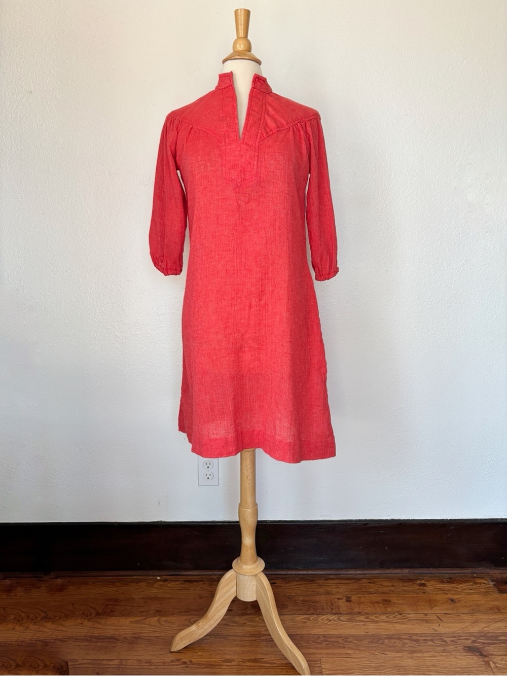 Vintage 60s 70s Union Label Coral Red Cotton Blend Tunic Dress - Picture 1 of 11